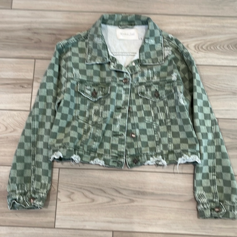 Green Checker Distressed Jean Jacket